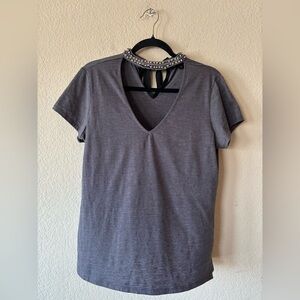 Boston Proper Embellished Collar V Neck Short‎ Sleeve Tee Tie Back Small